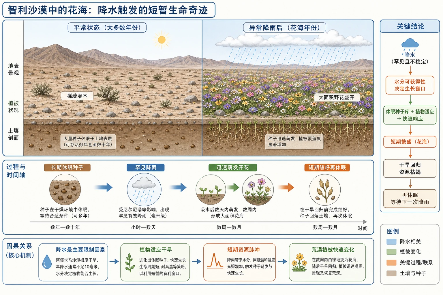 智利沙漠降雨后的花海与植被演替