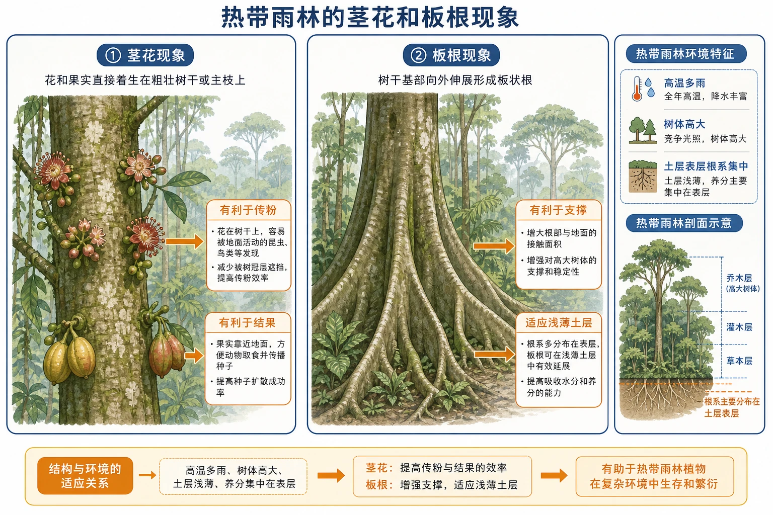 热带雨林茎花与板根适应结构