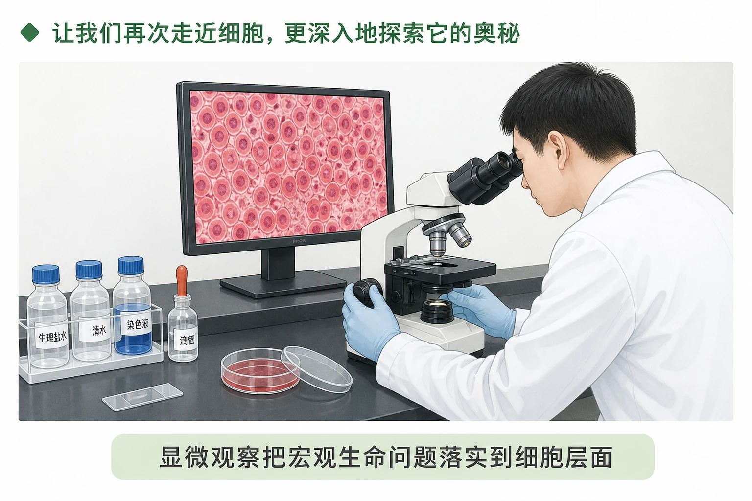 图02:“研究人员使用显微镜观察细胞”