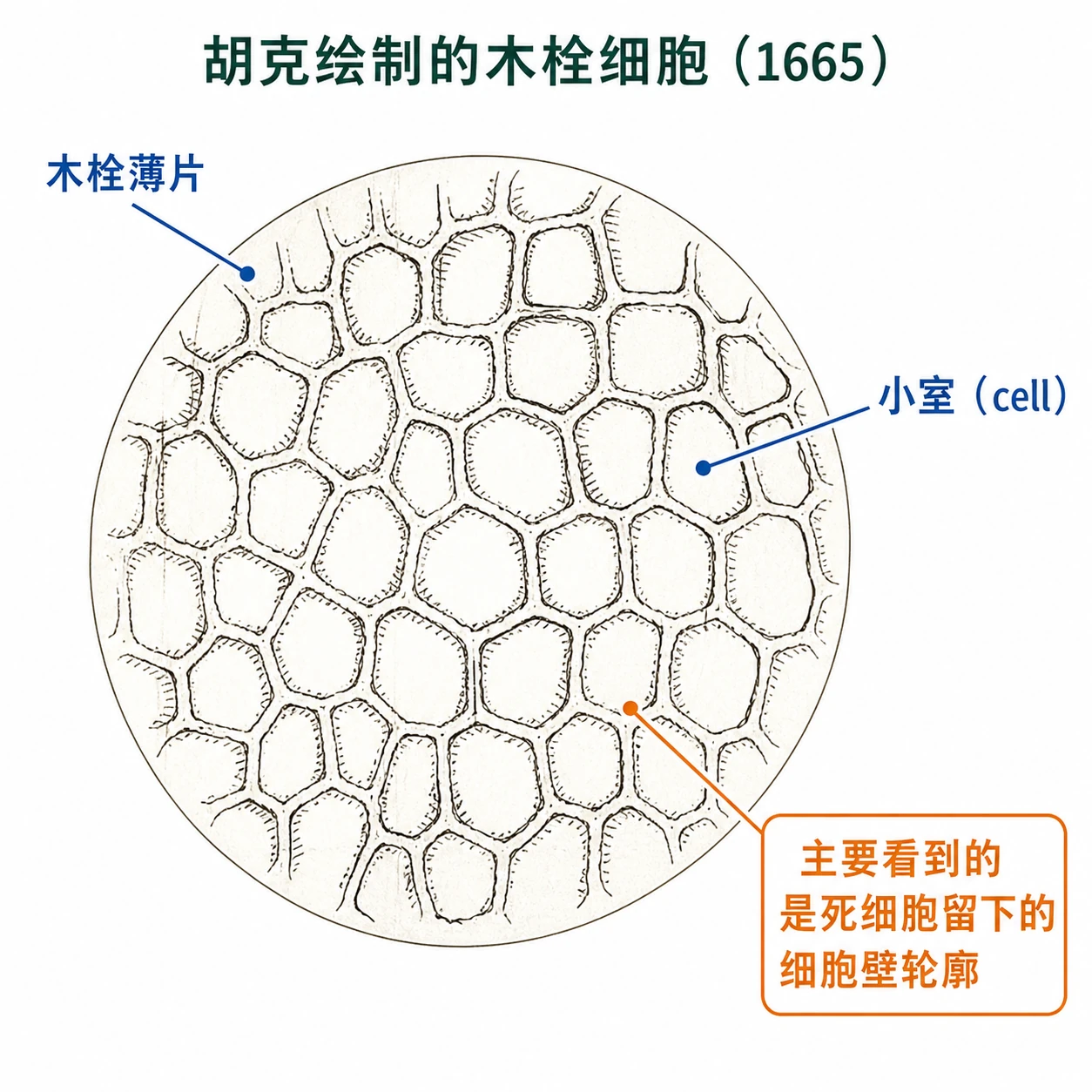 图08:教材科学史源图重绘②——“胡克绘制的木栓细胞”