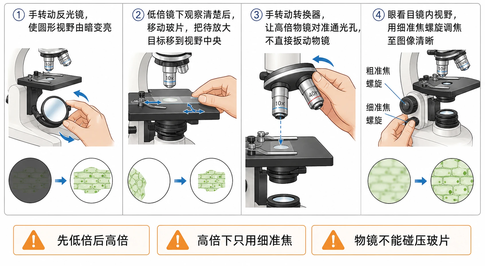 图06：教材高倍显微镜操作源图组重绘——步骤①至④