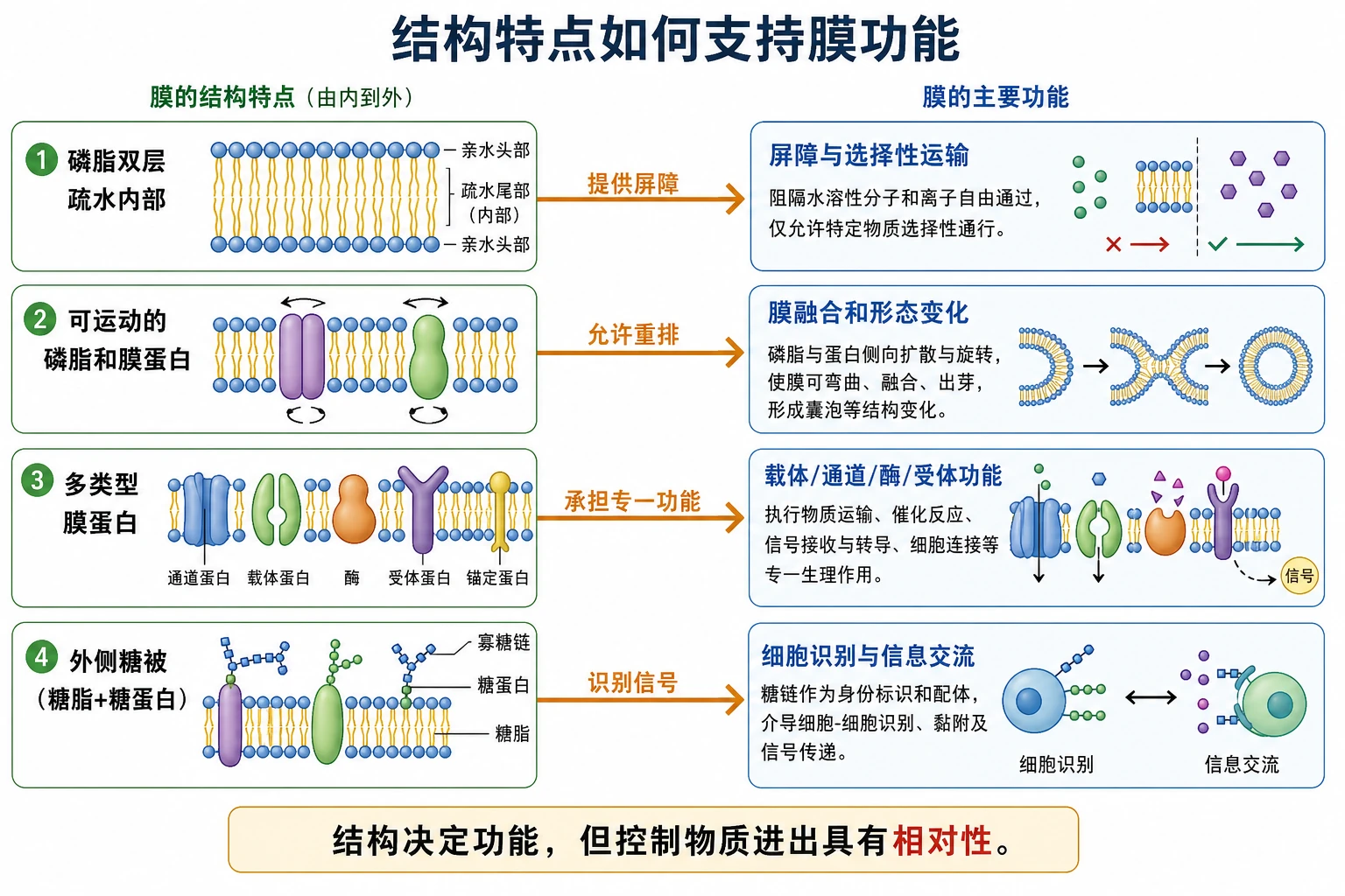 图07:补充知识图(非教材原图)——“结构特点如何支持膜功能”