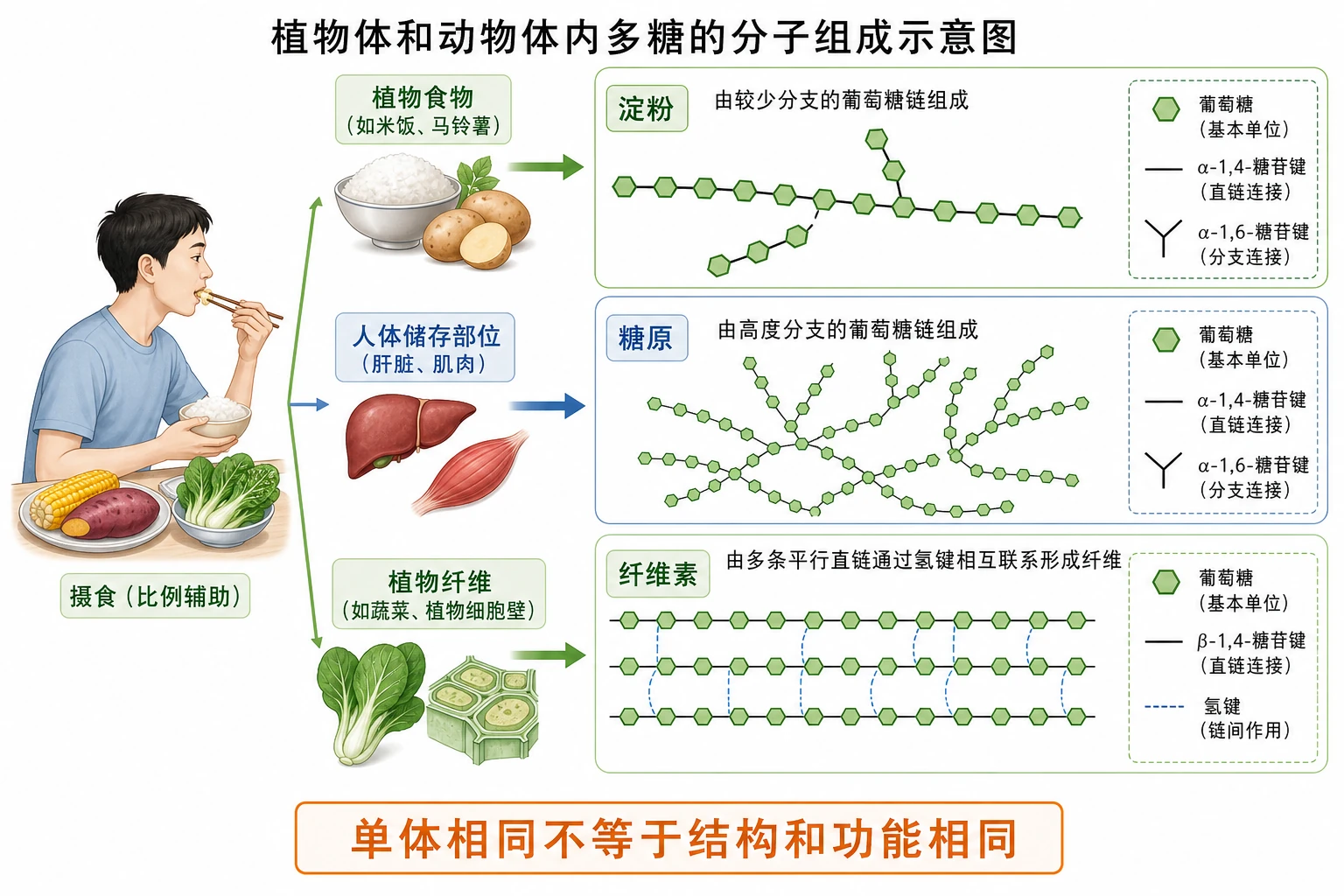 图04:教材图2-3源图重绘——“植物体和动物体内多糖的分子组成