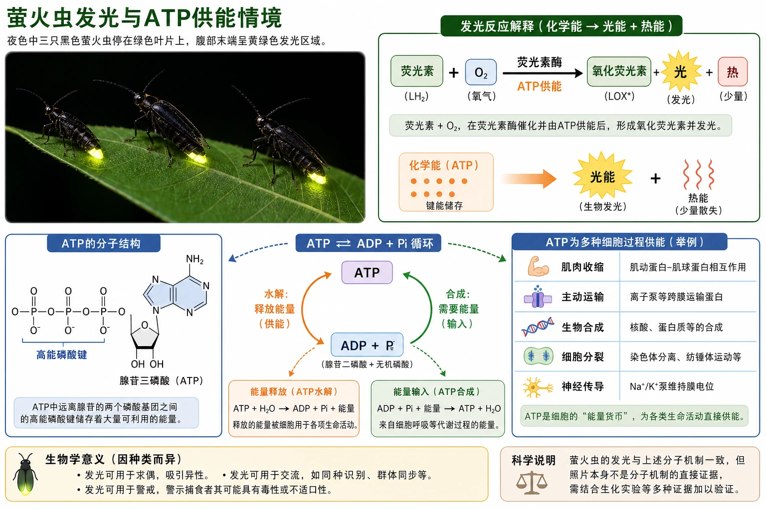 图02：教材“萤火虫”源图重绘——“萤火虫发光与ATP供能情境”