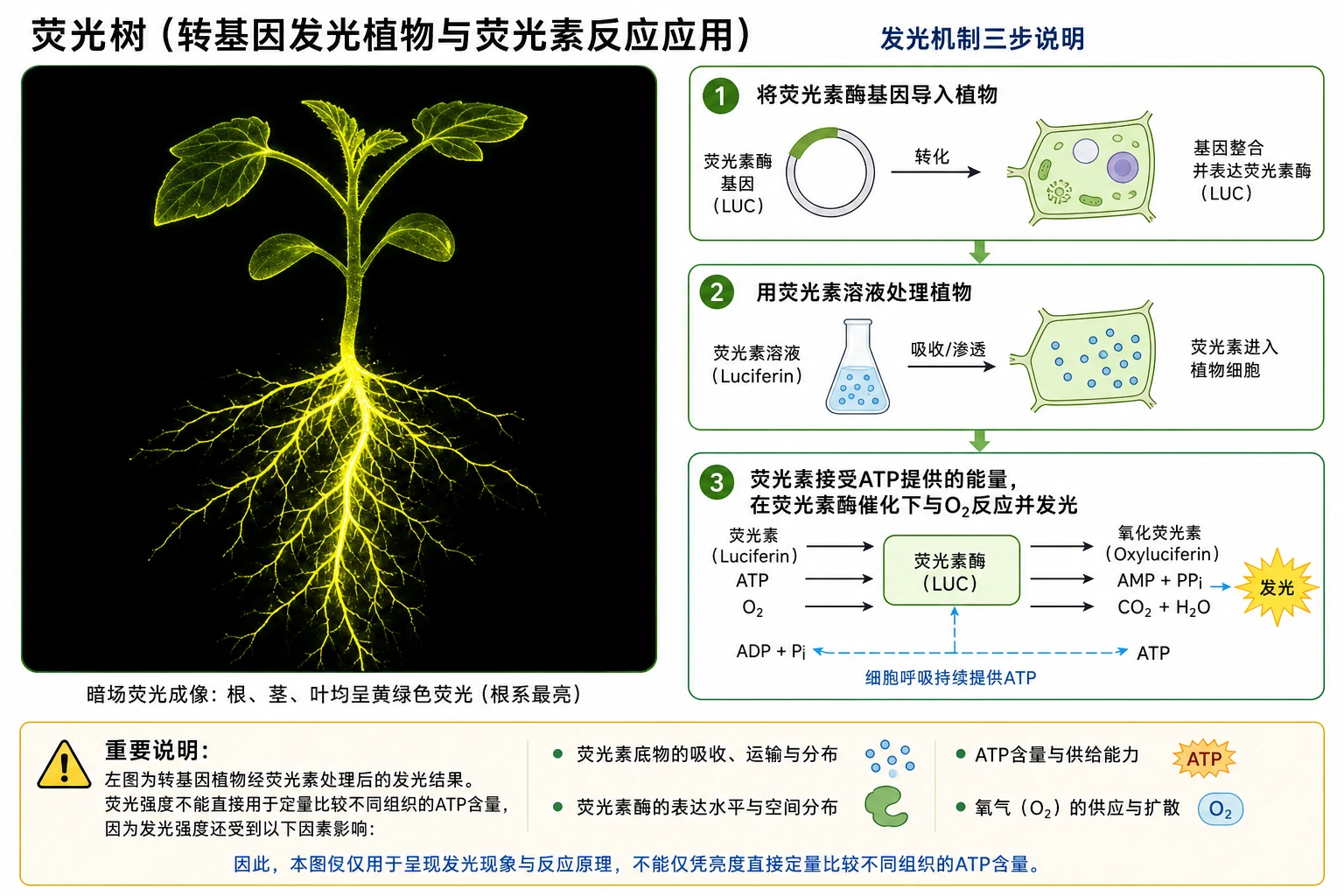 图08：教材“荧光树”源图重绘——“转基因发光植物与荧光素反应应