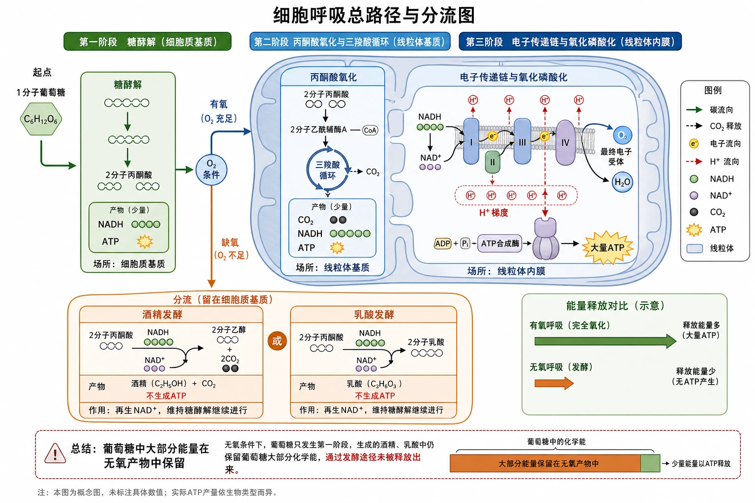 图01:补充知识图(非教材原图)——“细胞呼吸总路径与分流图”