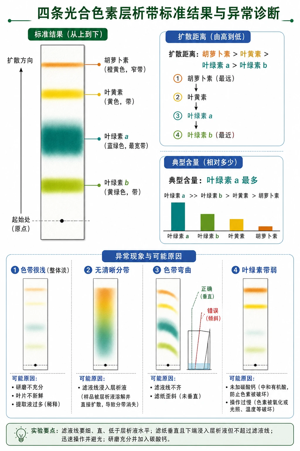 图10:补充知识图(非教材原图)——“四条光合色素层析带标准结果