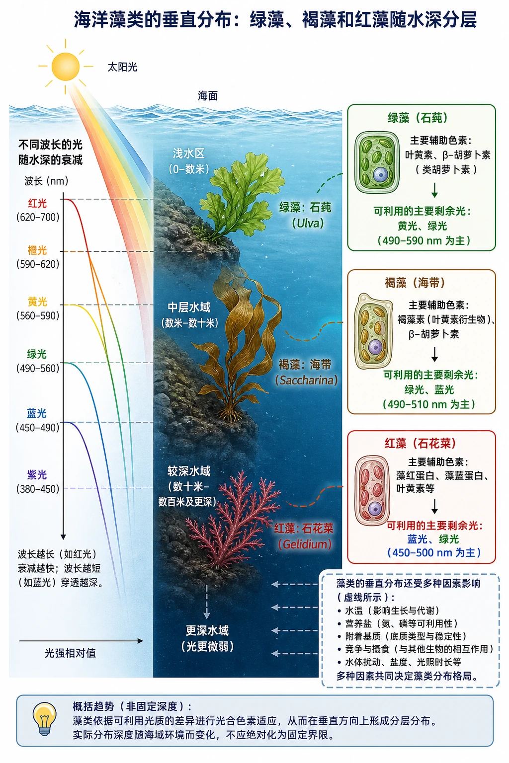 图15:教材拓展应用“海洋藻类垂直分布”源图重绘——“绿藻、褐藻