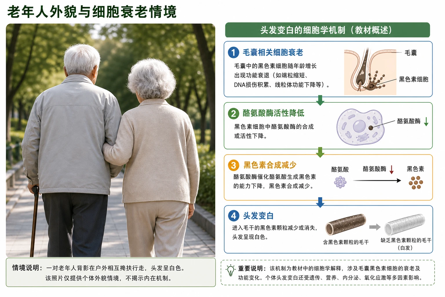 图02：教材“满头白发的老人”源图重绘——“老年人外貌与细胞衰老