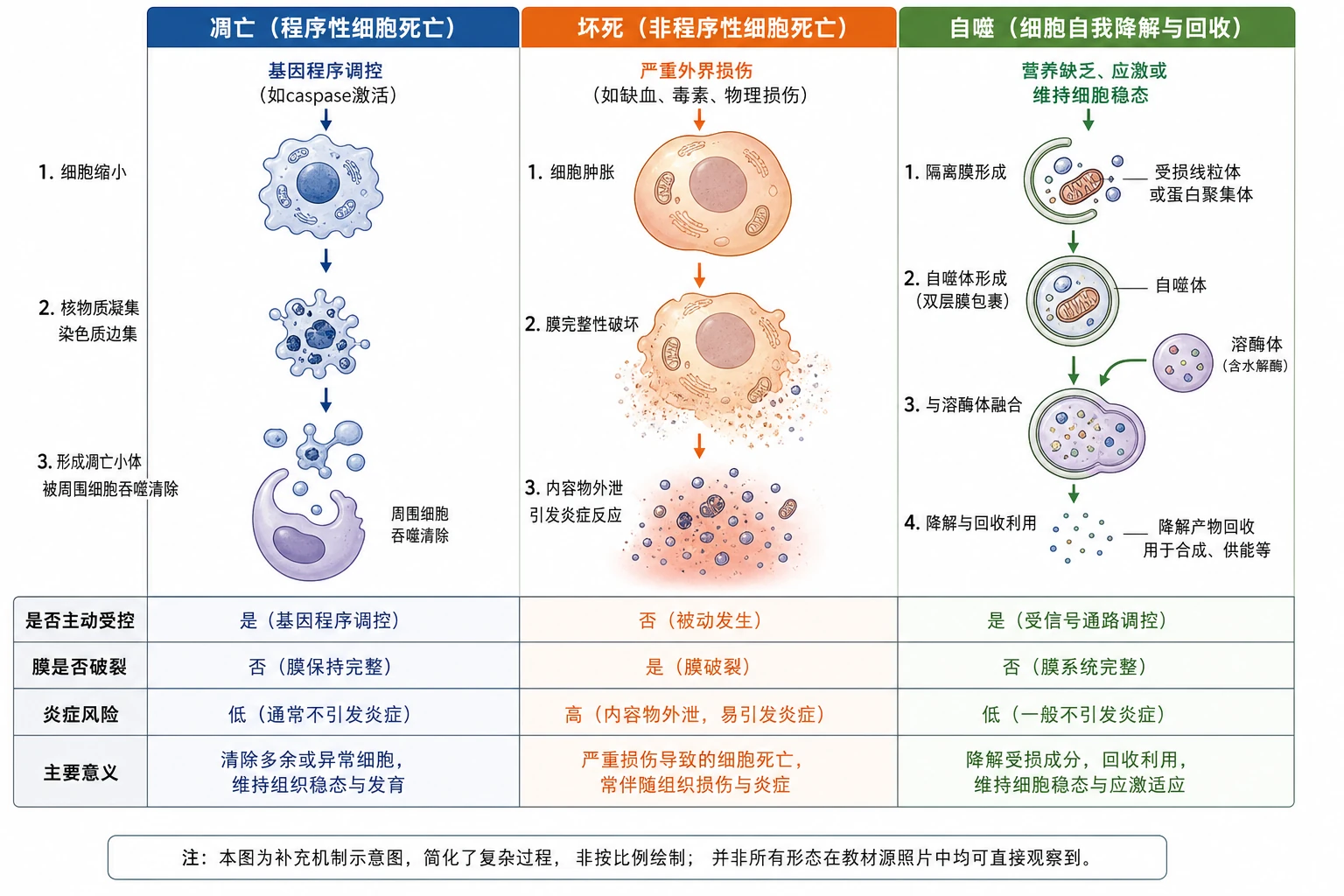 图09：补充知识图（非教材原图）——“凋亡、坏死和自噬对比机制图