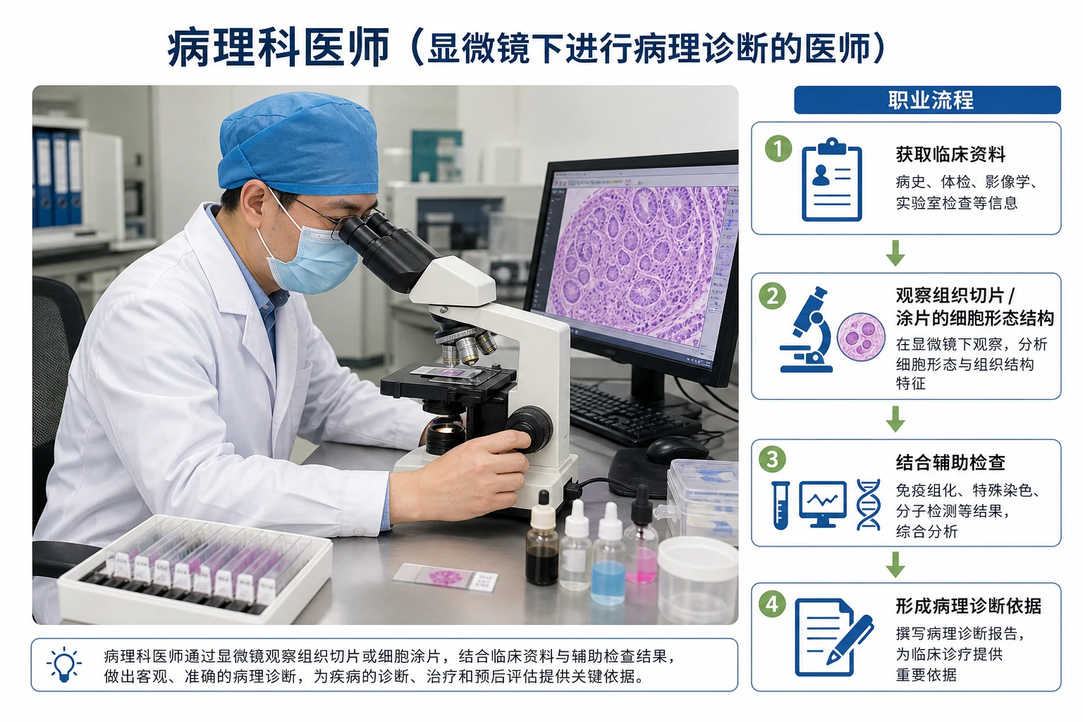 图11：教材“病理科医师”源图重绘——“显微镜下进行病理诊断的医
