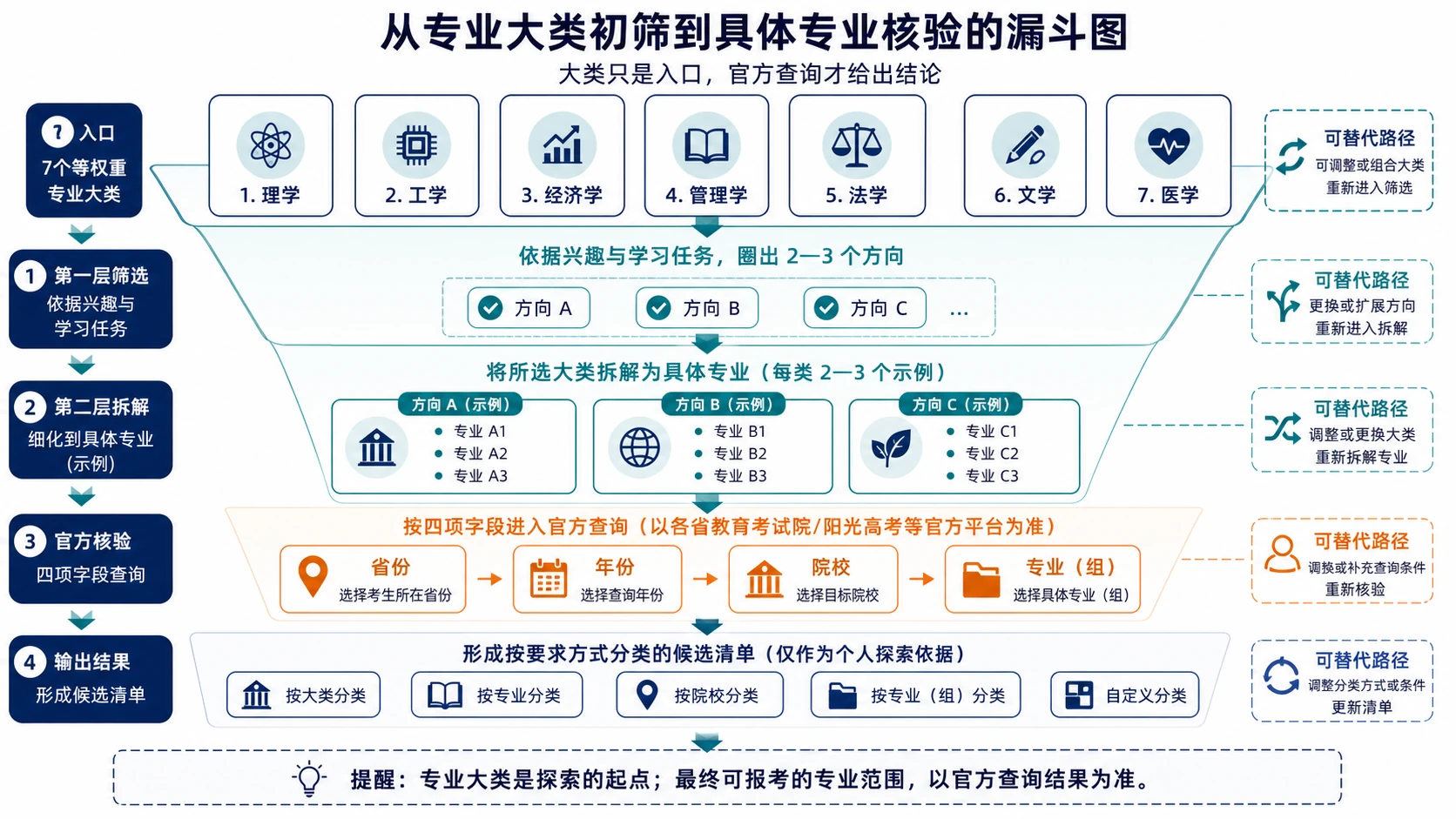 专业大类到具体专业核验漏斗